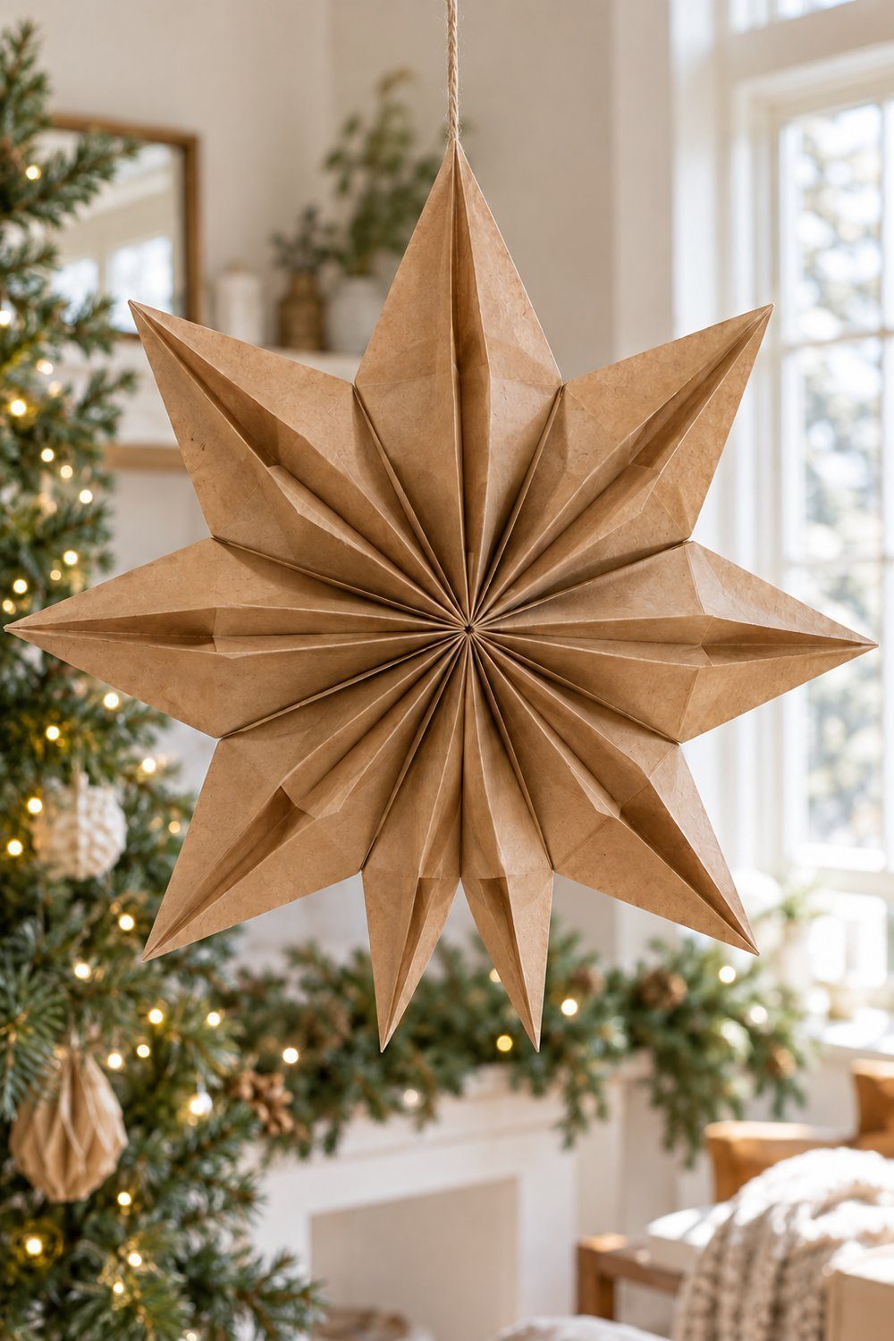 Large radial brown paper-bag star with pointed tips above a table