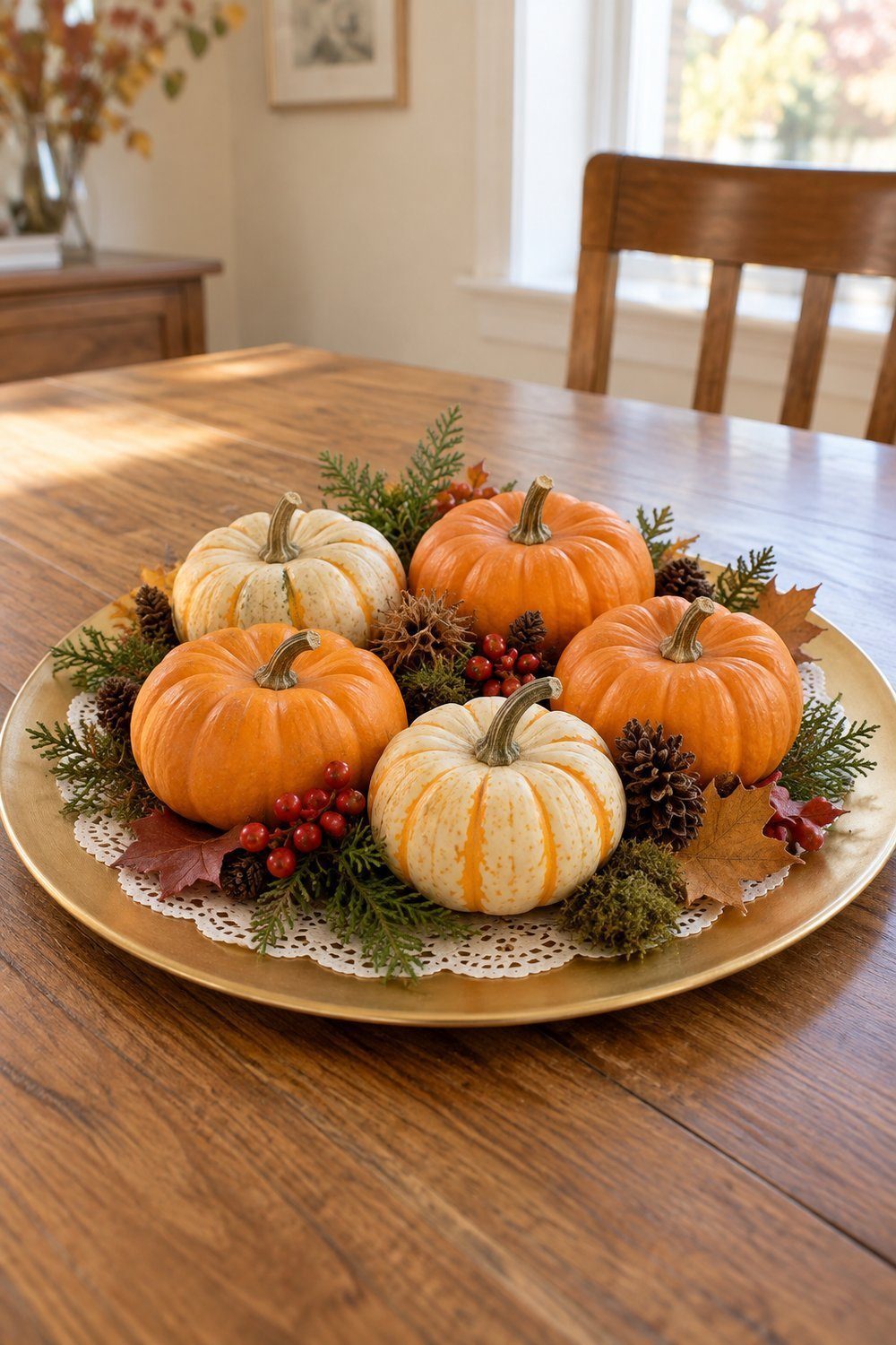 Whole mini pumpkins and woodland finds arranged on a flat gold charger