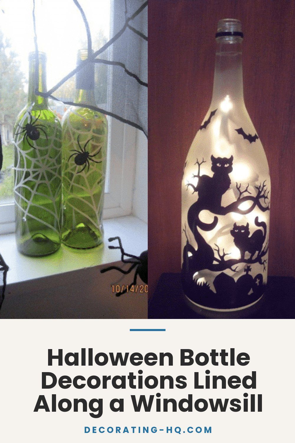 Halloween Bottle Decorations Lined Along a Windowsill