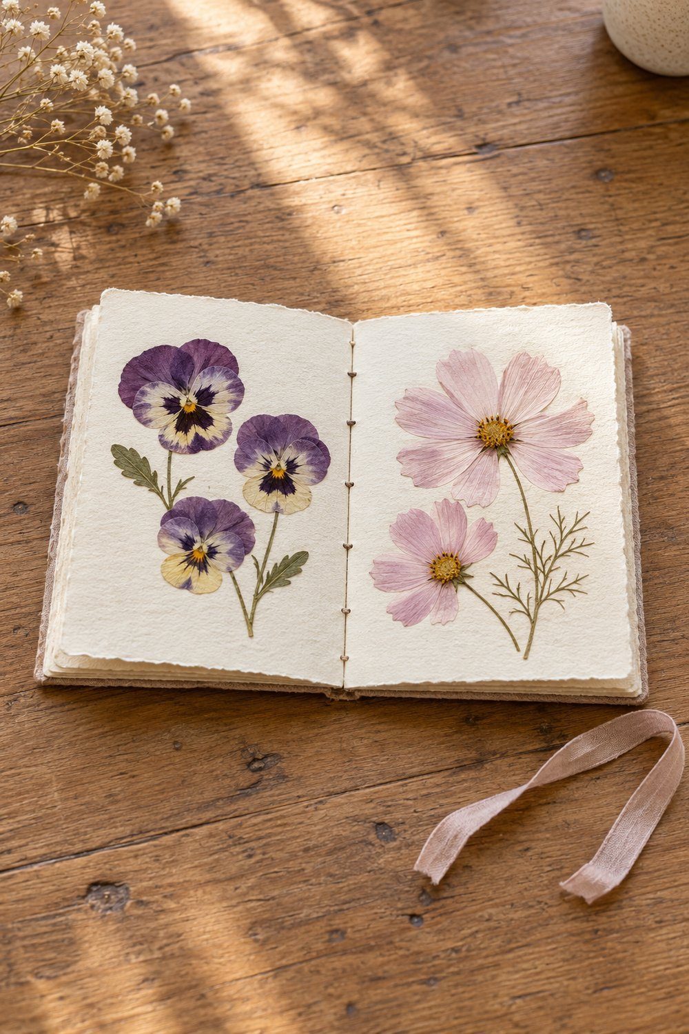 Hand-sewn paper sample book open to pressed pansies and pale cosmos flowers
