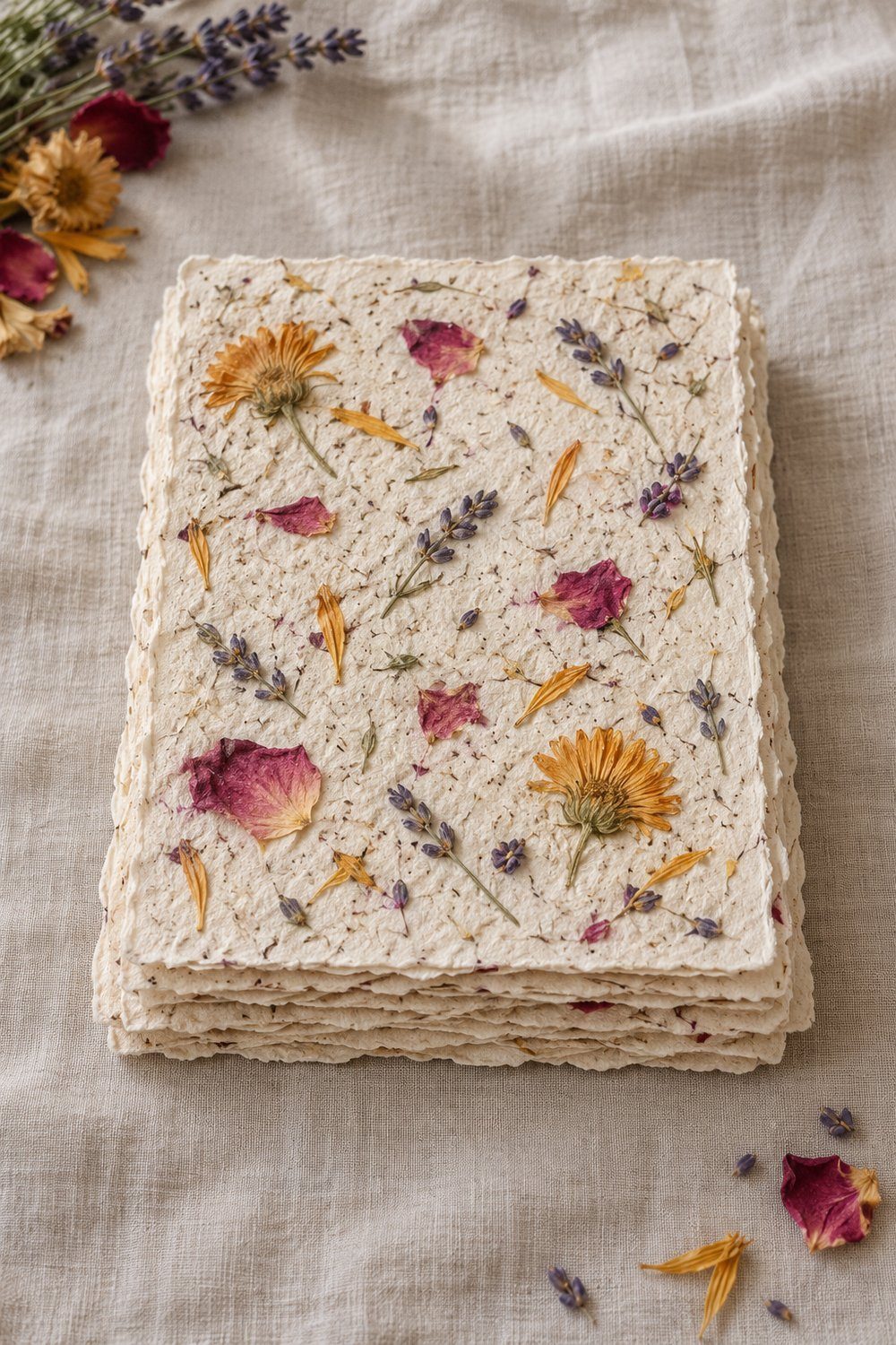 Textured handmade paper scattered with dried calendula, rose petals, and lavender blossoms