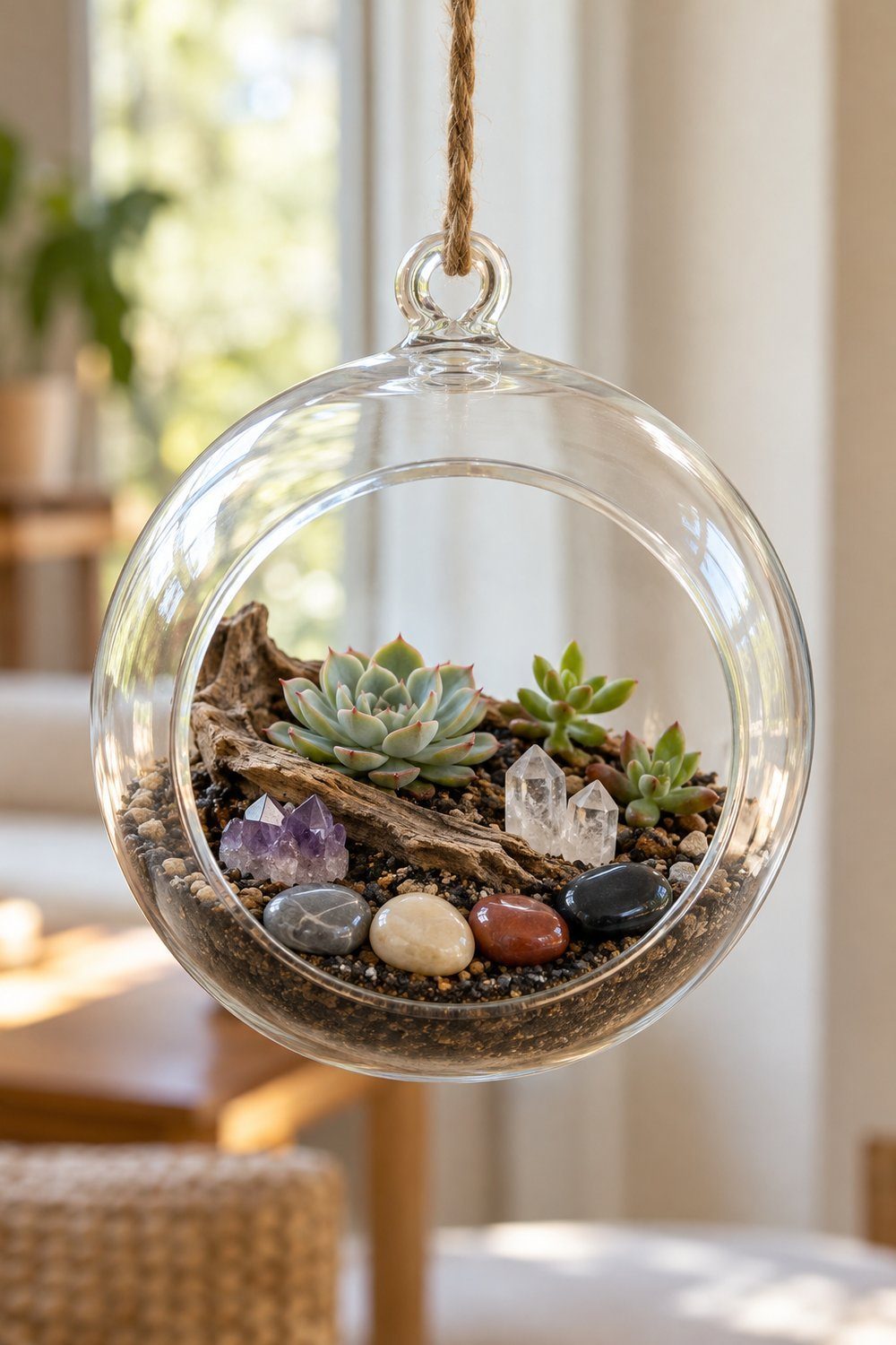 Amethyst and quartz accent succulent cuttings inside a hanging glass globe