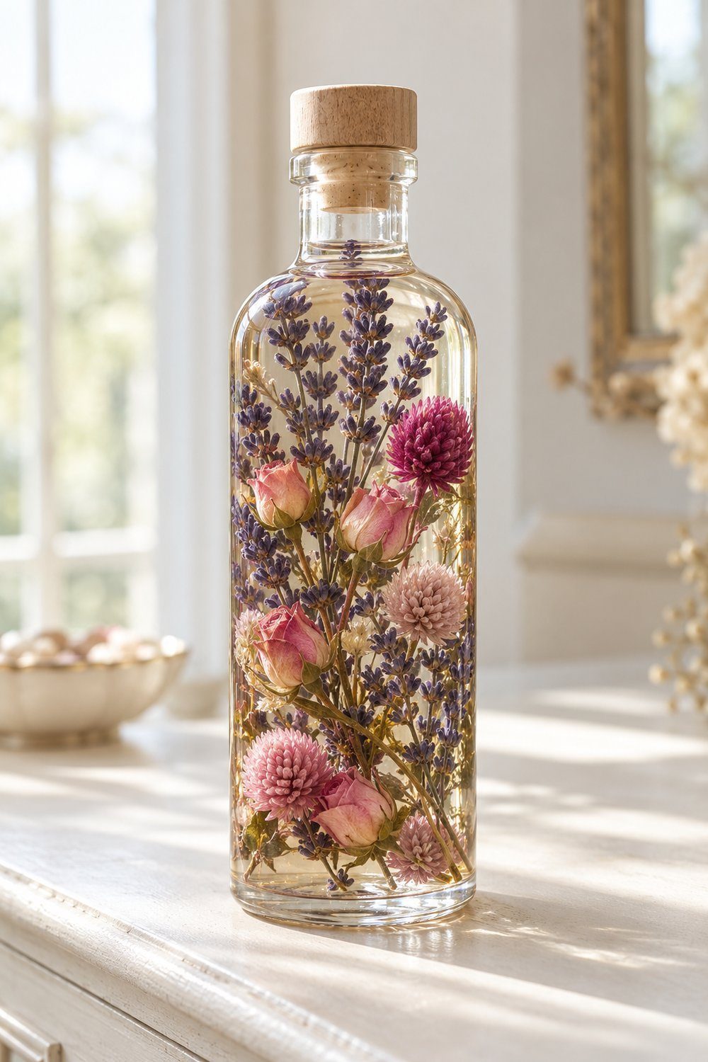 Sealed glass herbarium bottle holding dried lavender and rosebuds in transparent oil