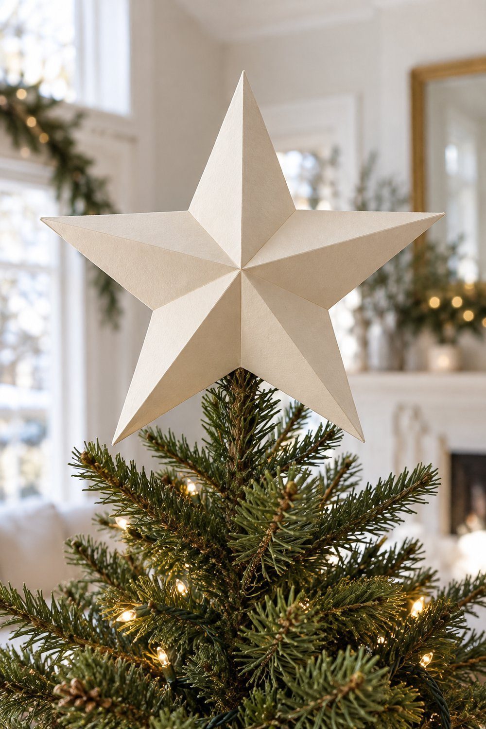 Hollow five-point paper star topper crowning a softly decorated Christmas tree