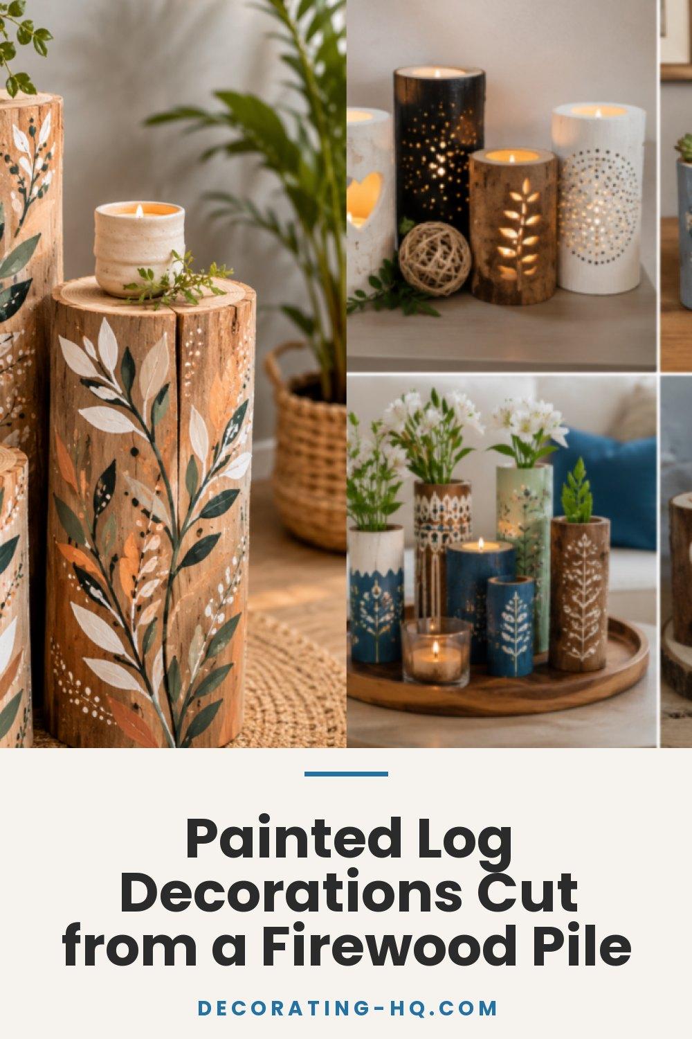 Painted Log Decorations Cut from a Firewood Pile