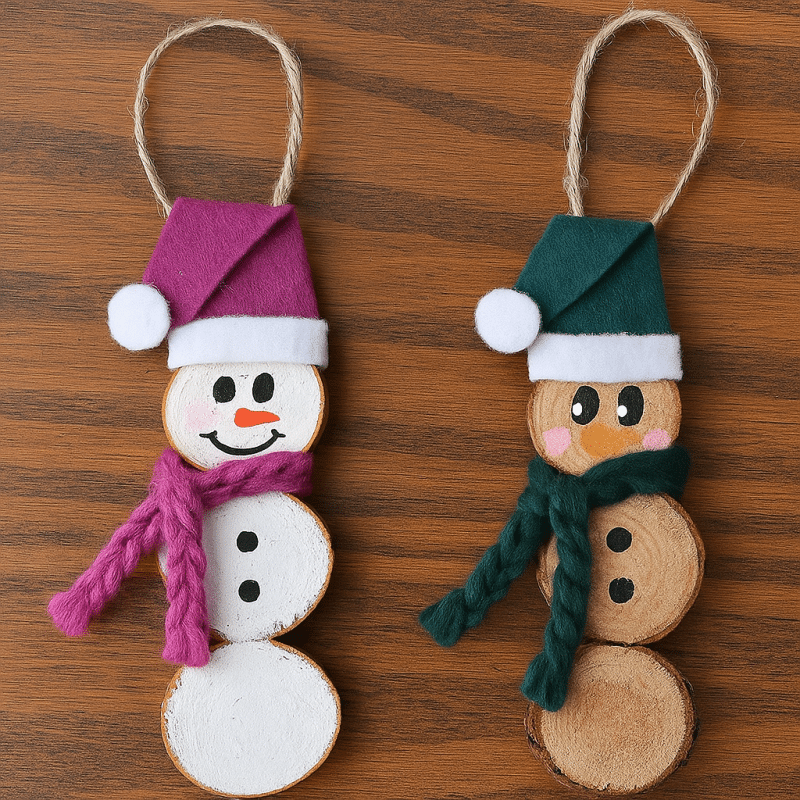 ideas for snowmen made with wooden slices 4