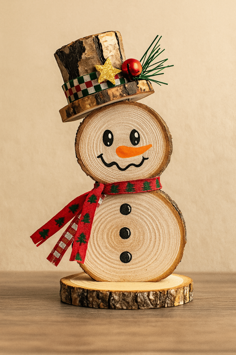 ideas for snowmen made with wooden slices 7