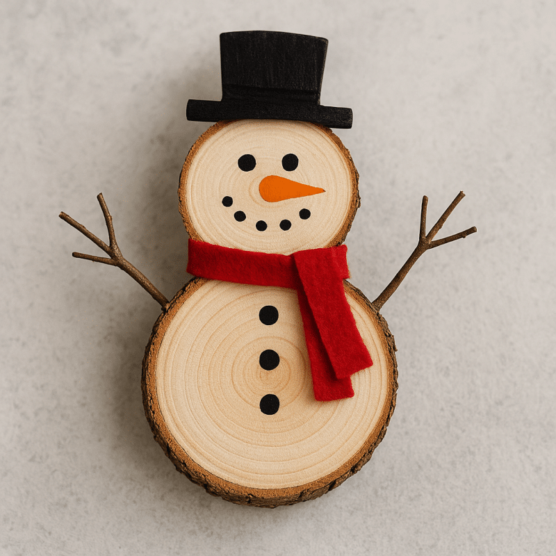 ideas for snowmen made with wooden slices