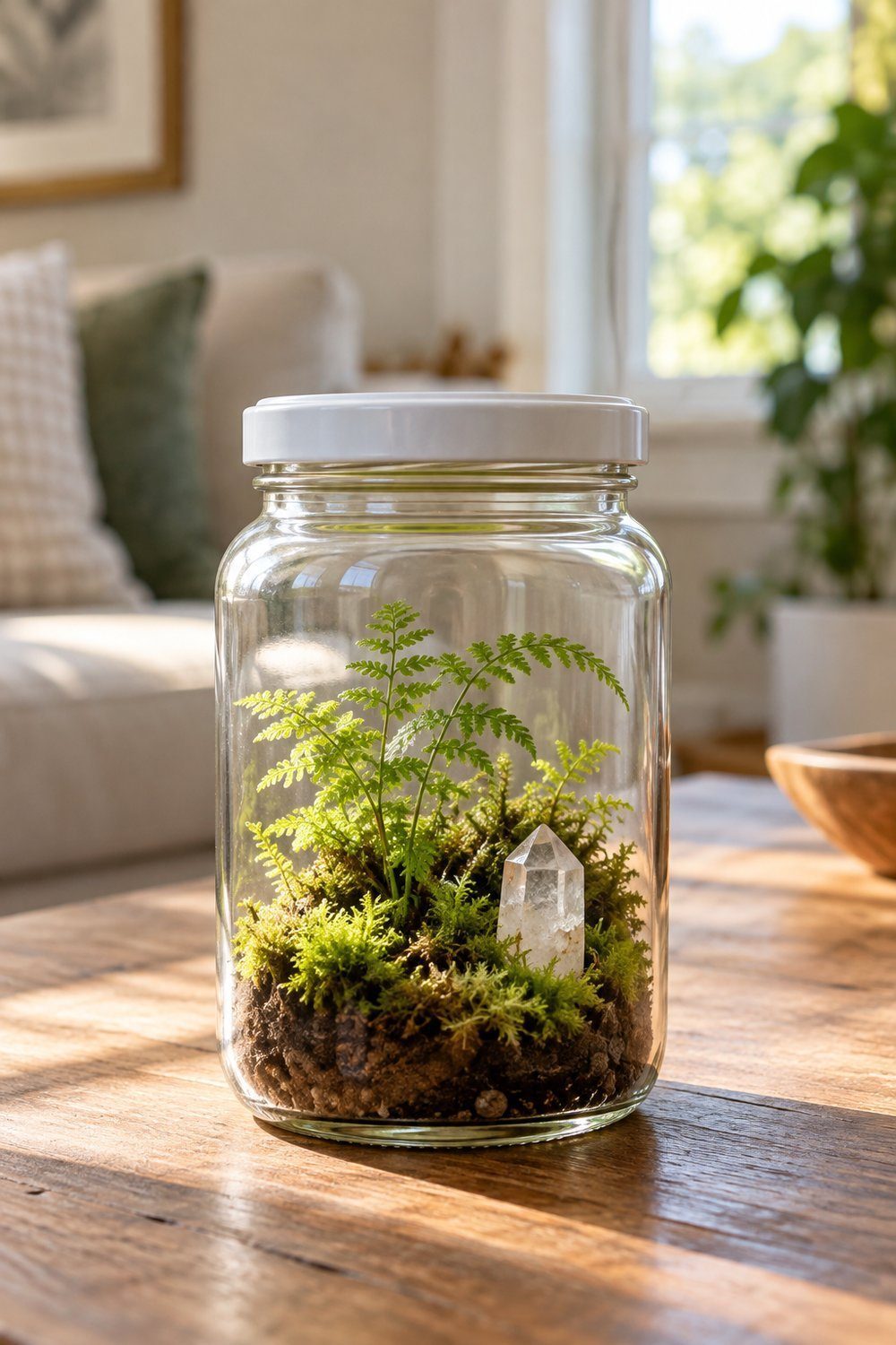 A small lidded sauce jar displays living moss with a quartz accent