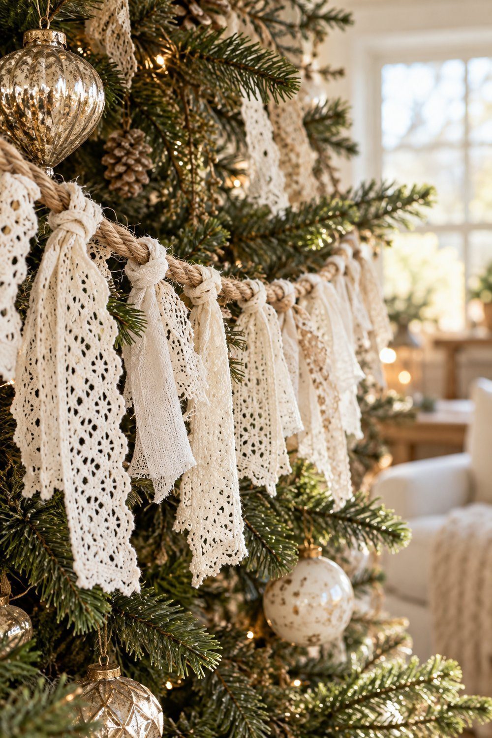 Knotted ivory lace strips form a garland across evergreen Christmas branches.