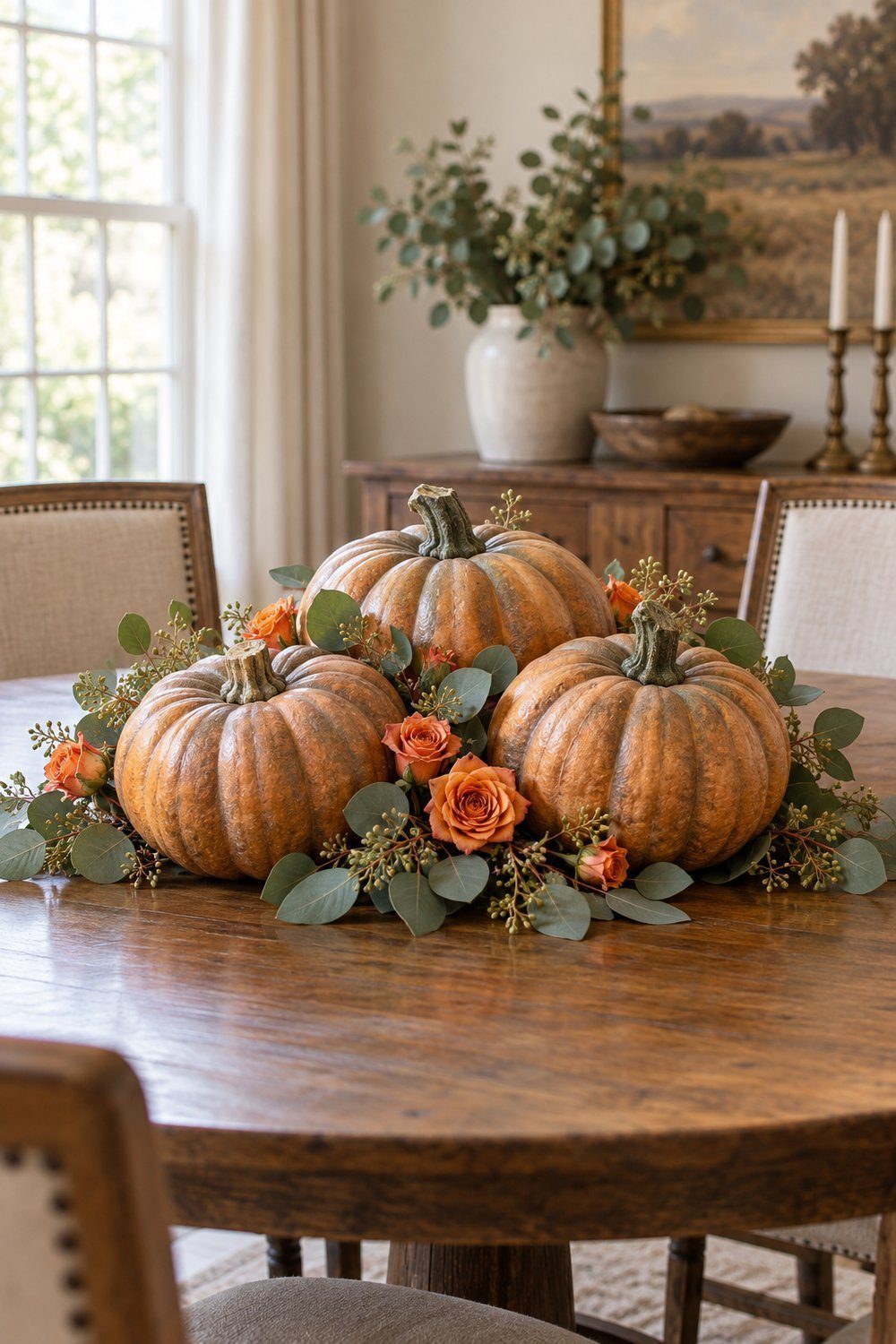 Whole Koginut squash clustered with eucalyptus and short orange roses