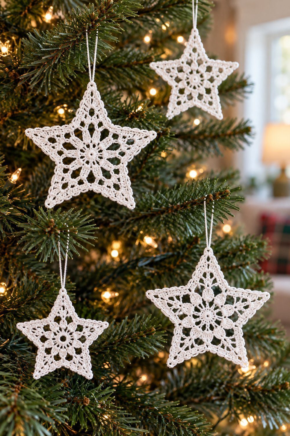 Stiff white lace stars hang from fine threads on evergreen Christmas branches.