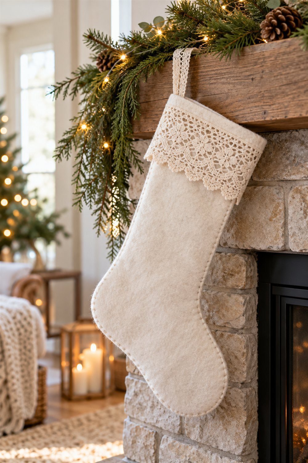 An ivory lace cuff trims a felt stocking hanging beside Christmas greenery.