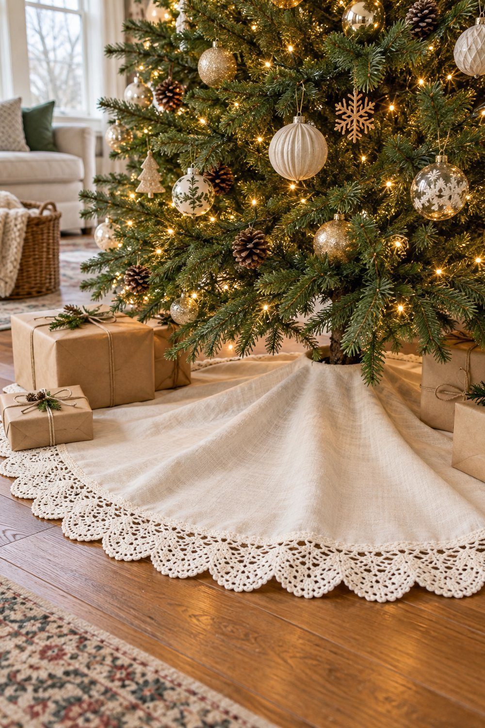 An ivory lace edged tree skirt spreads beneath a warmly lit Christmas tree.
