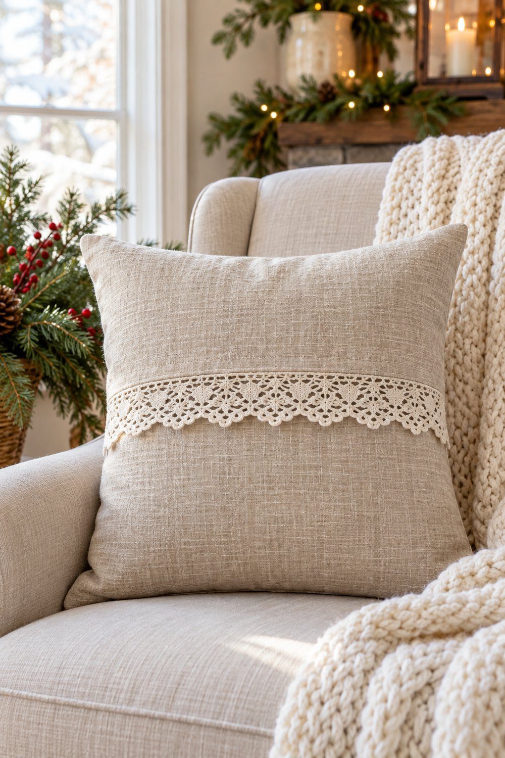 An ivory lace envelope pillow rests on a chair beside Christmas greenery.