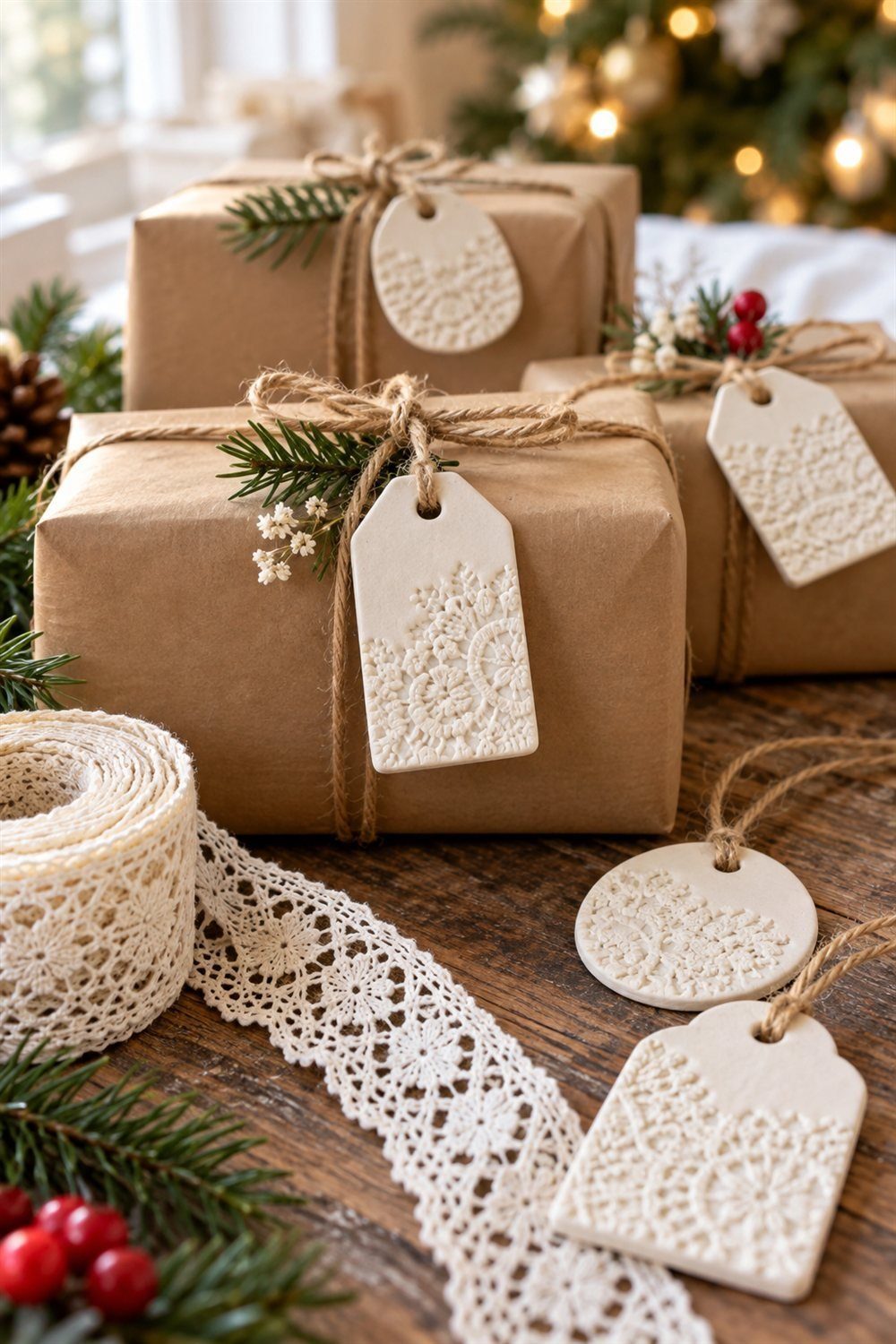 White clay gift tags show lace impressions beside ivory cotton ribbon.