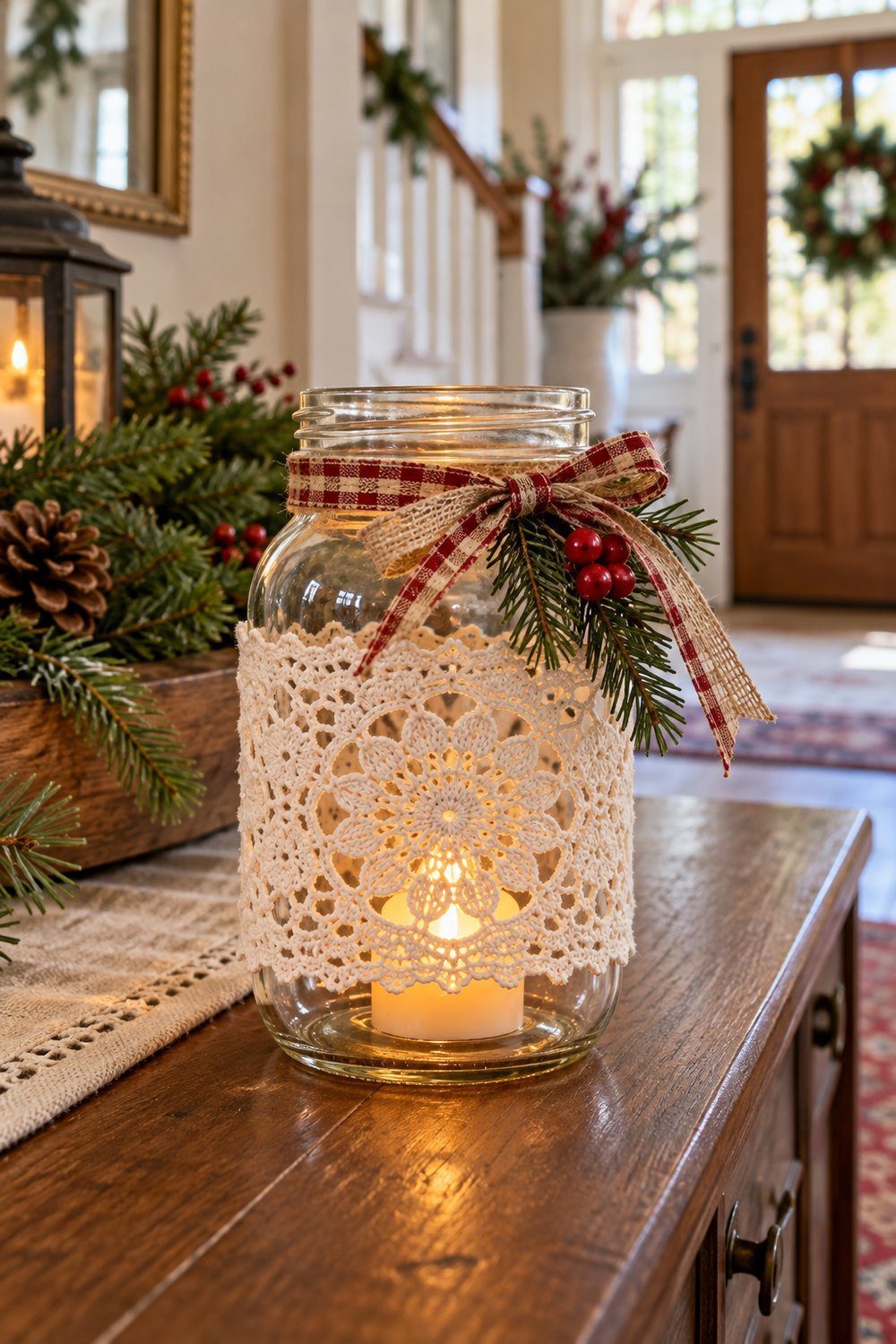 Ivory lace surrounds a glowing mason jar beside Christmas greenery.