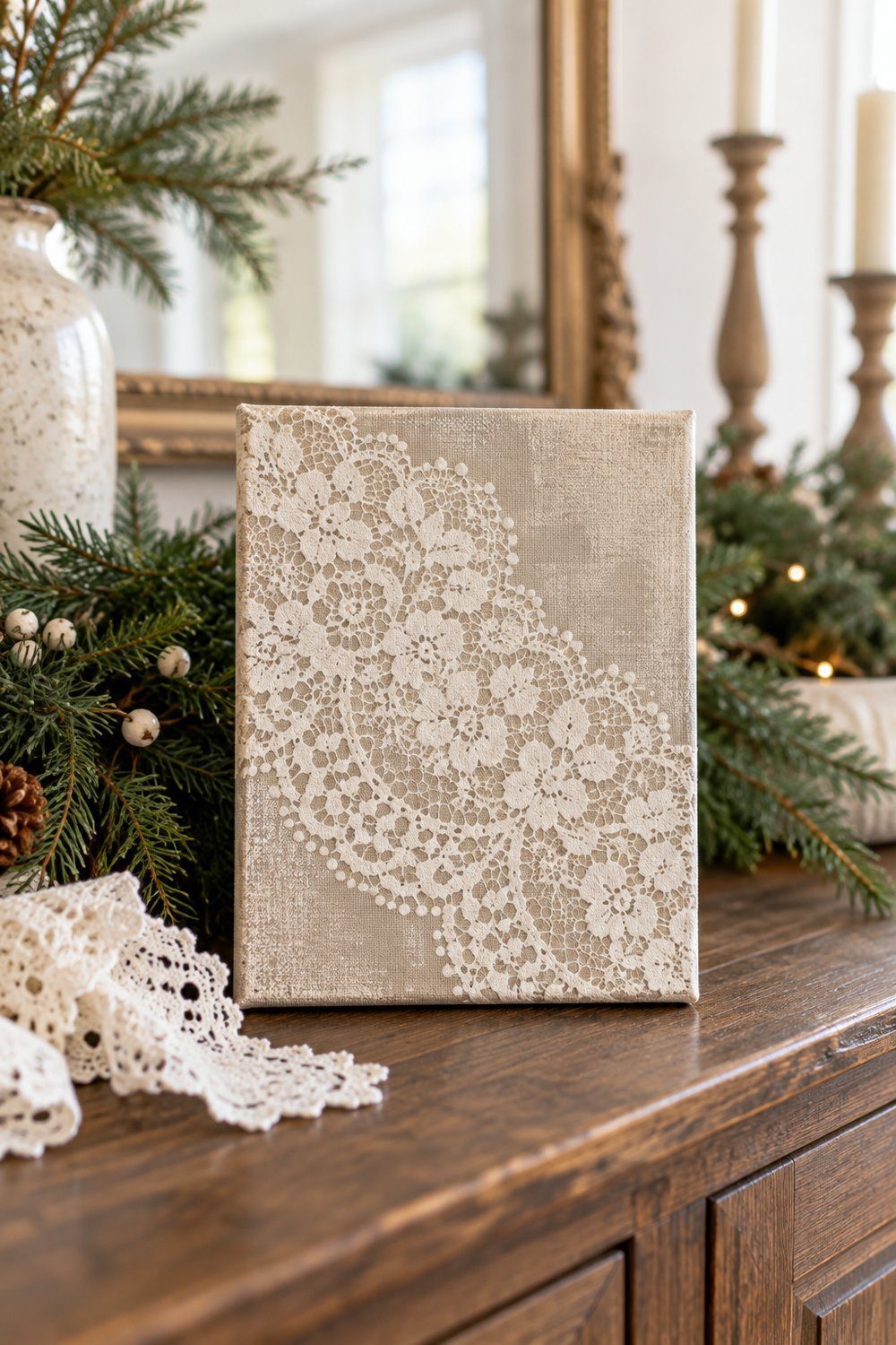 A white lace patterned panel stands behind a small Christmas mantel arrangement.