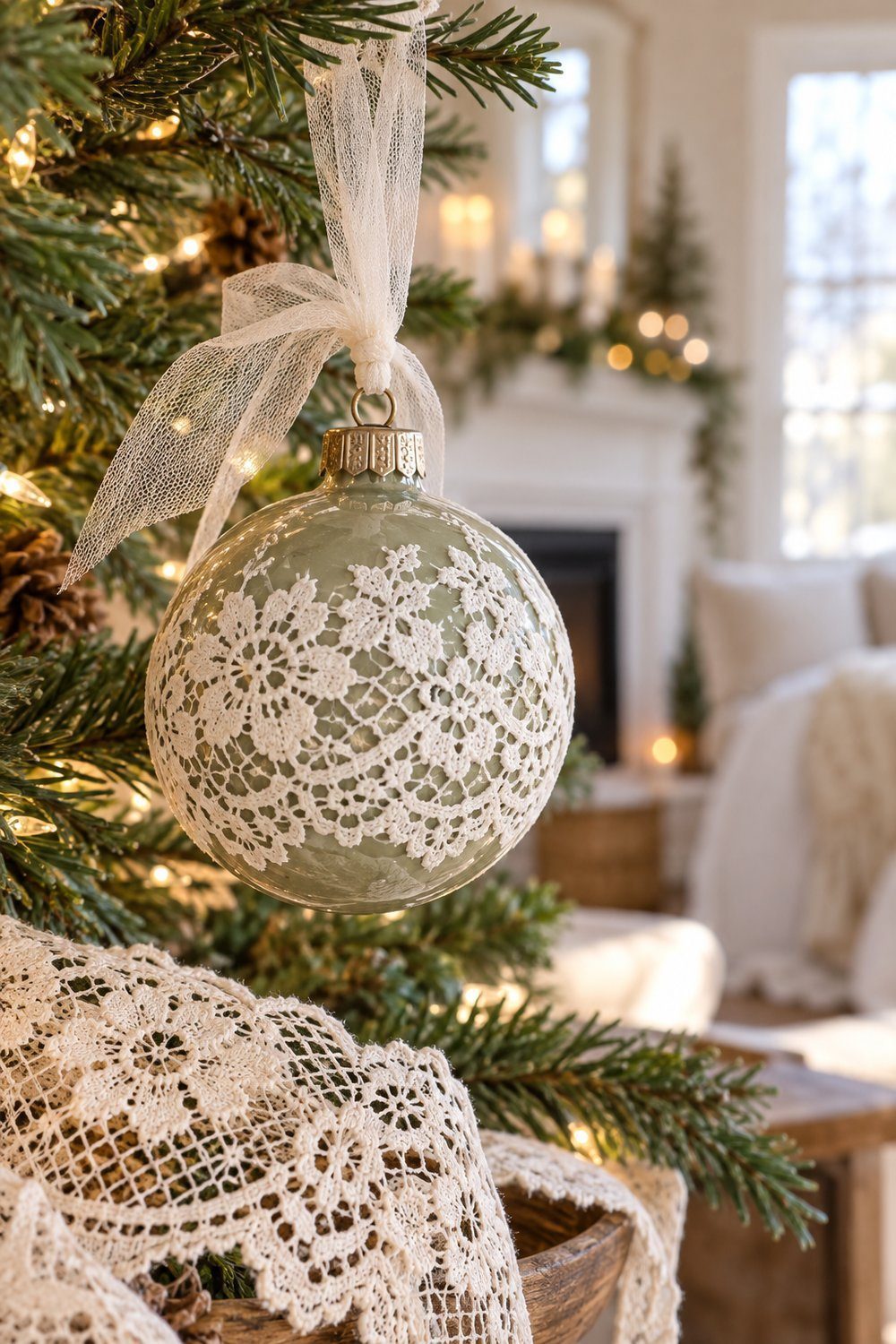 A glass Christmas ornament displays a delicate white lace stenciled pattern.