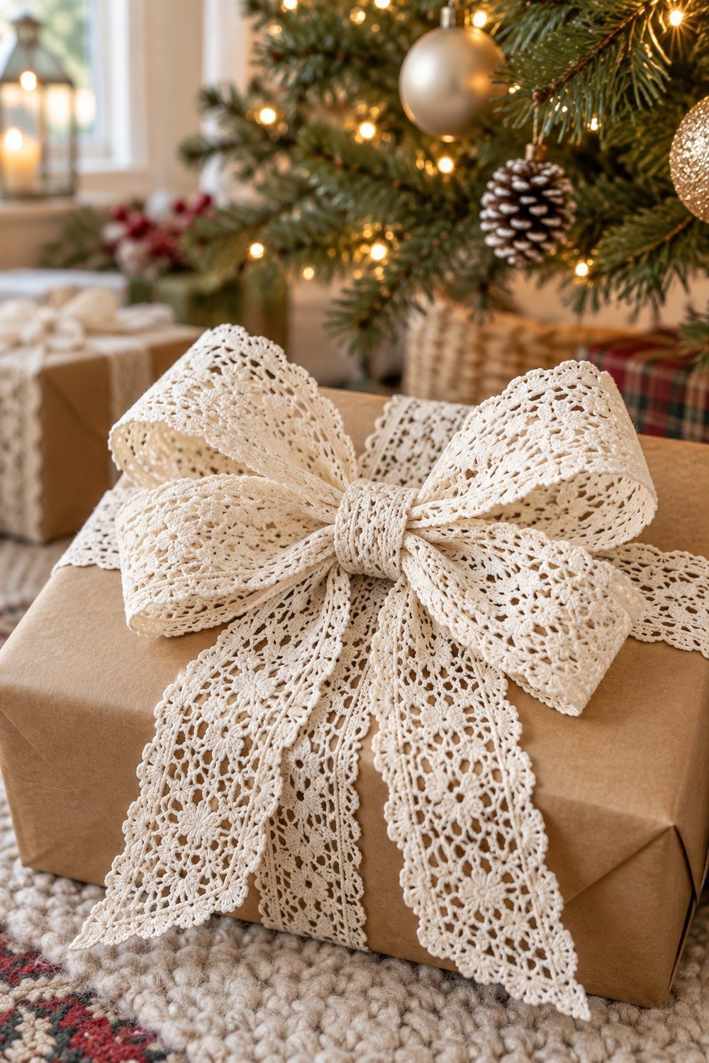 A layered ivory lace bow tops a brown paper Christmas gift.