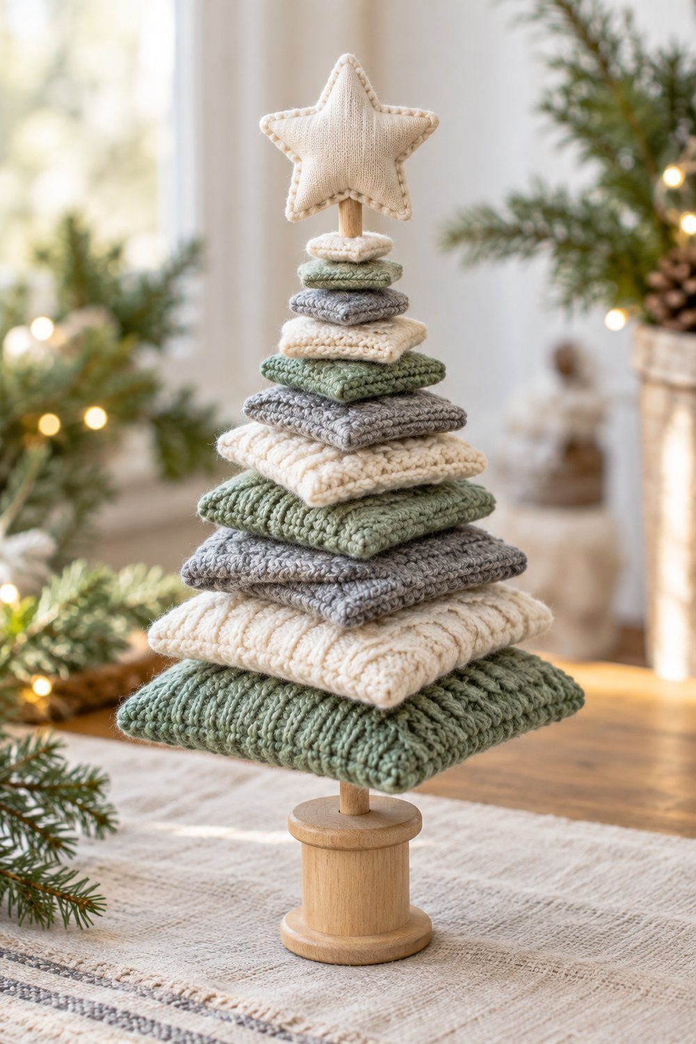 Layered cream gray and sage sweater squares form a small tree on a dowel and