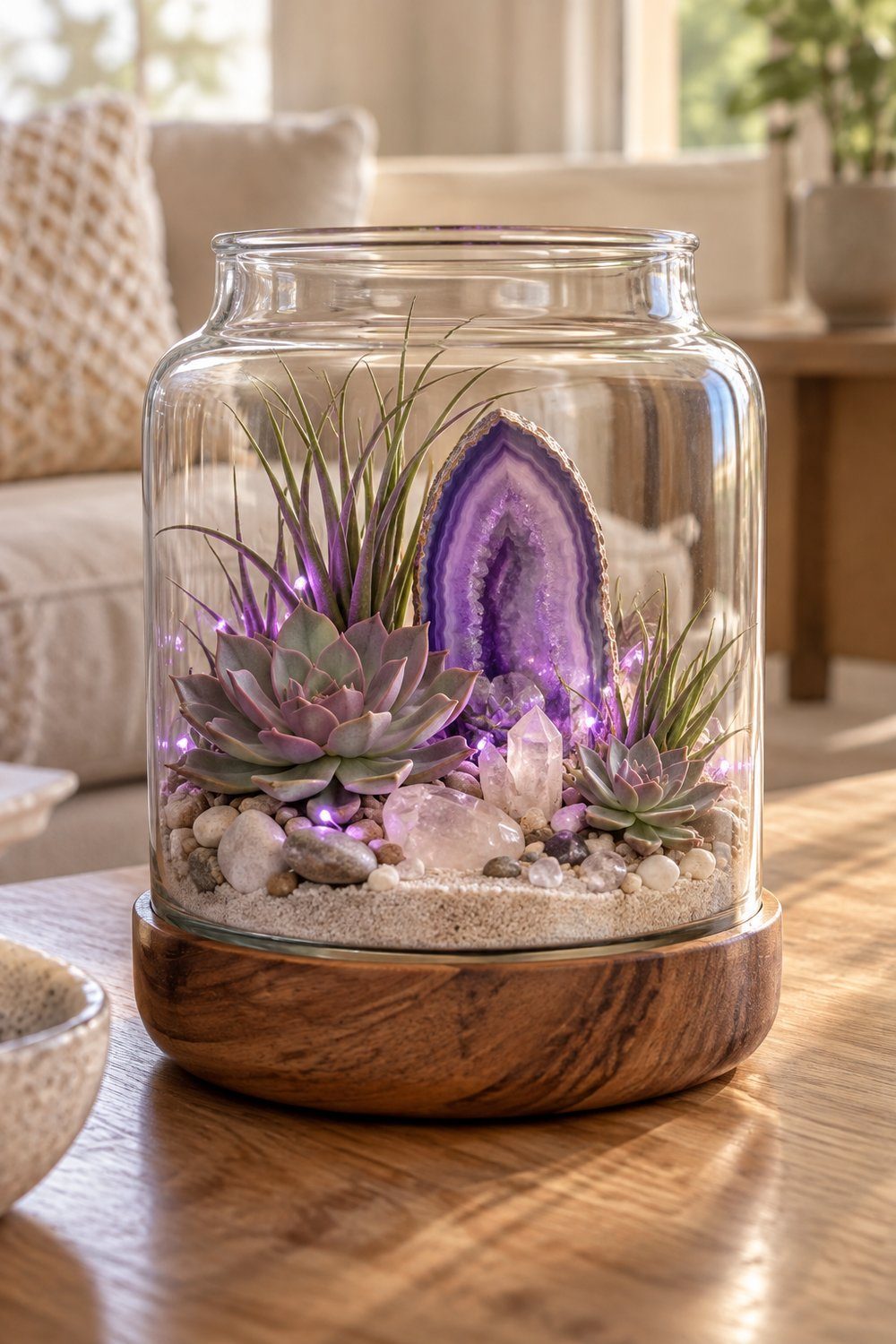 Faux succulents frame quartz and purple agate in a softly lighted jar