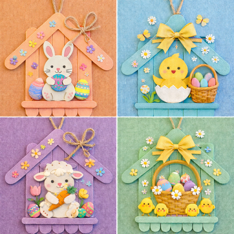 Handcrafted Little Houses with Popsicles for Easter: Springtime Magic little houses with popsicles for easter 1
