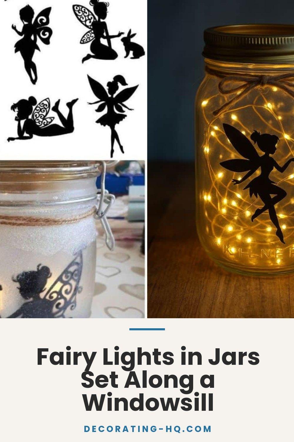 Fairy Lights in Jars Set Along a Windowsill