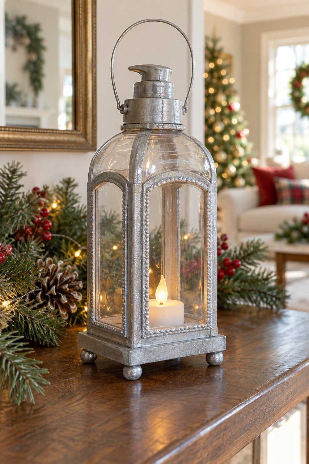 Christmas decorations made from plastic bottles Metallic bottle lantern with clear panes glowing from a battery light