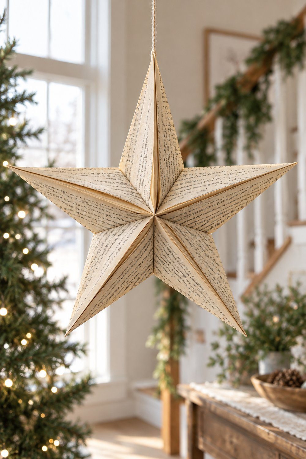 Five-unit folded book-page paper star ornament hanging from a Christmas branch