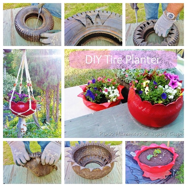 old tire flower planter F