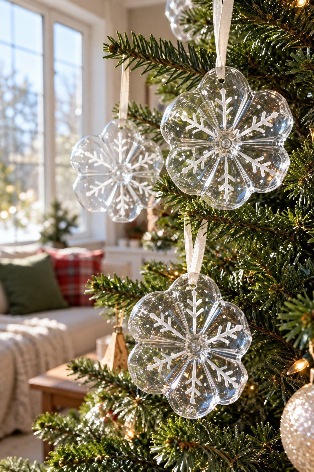 Christmas decorations made from plastic bottles White painted snowflake lines on clear bottle bottoms hanging by ribbon