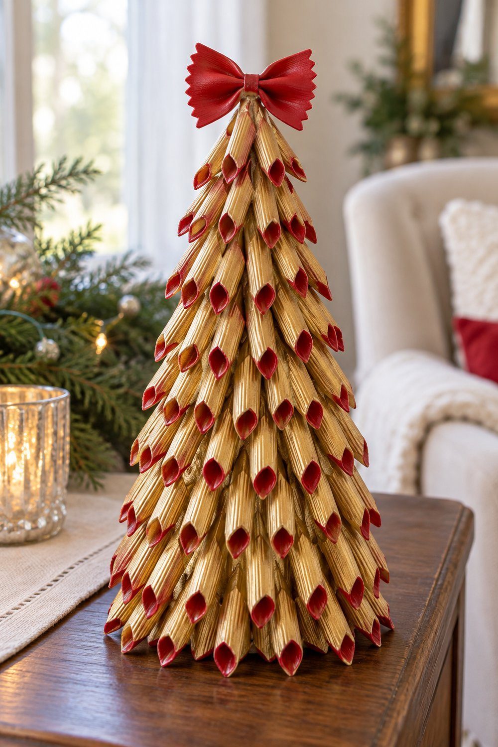A gold painted penne pasta cone tree with red pasta openings and a red farfalle