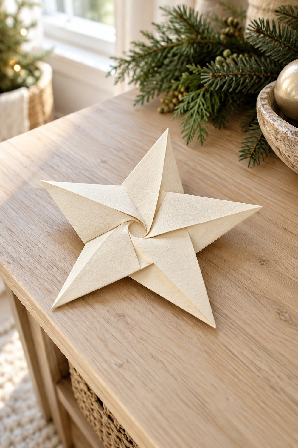 Crisply folded five-point paper star with an overlapping center on greenery