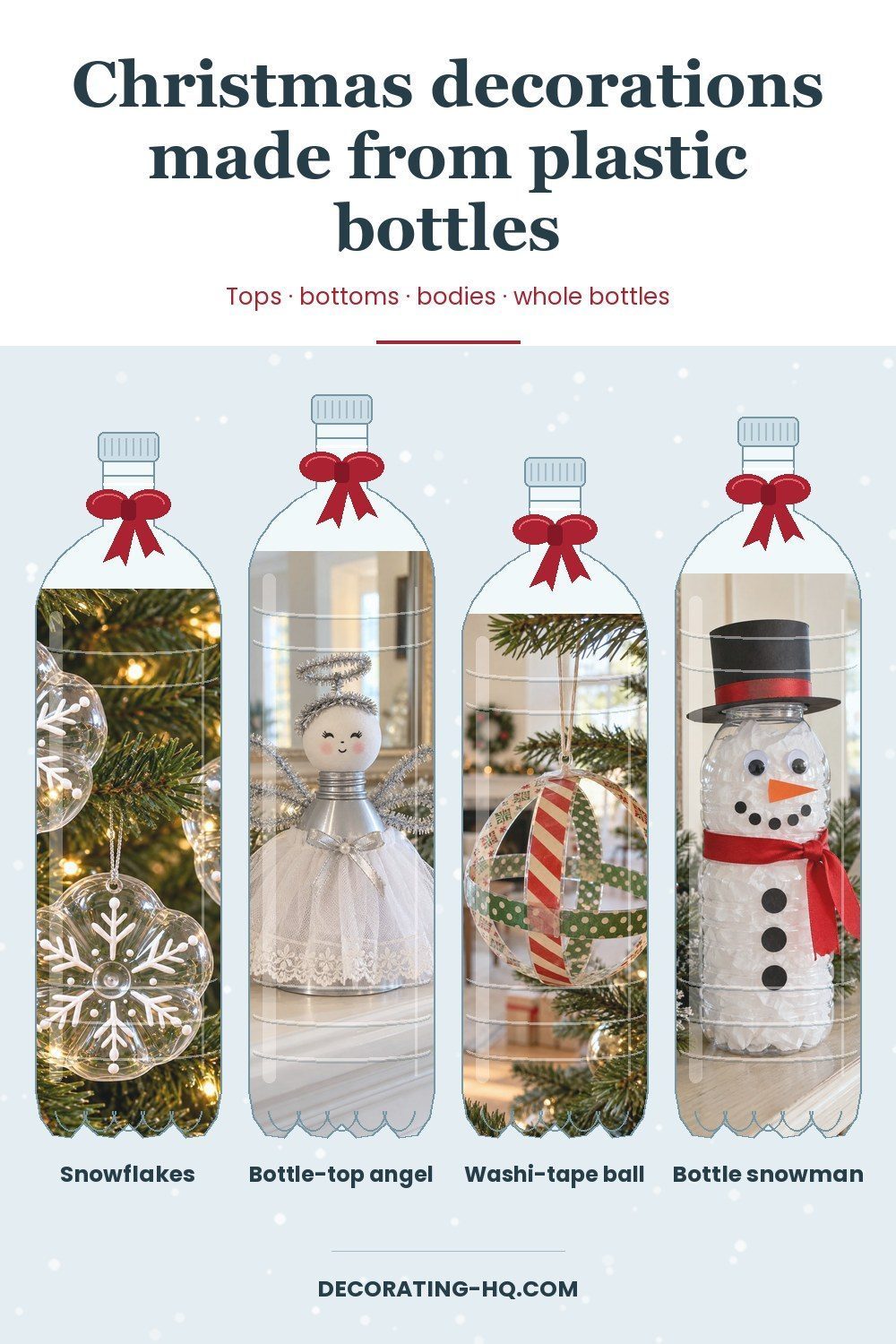 Christmas decorations made from plastic bottles Pin of Christmas decorations made from plastic bottles: bottle-bottom snowflakes, bottle-top angel, washi-tape ball and bottle snowman