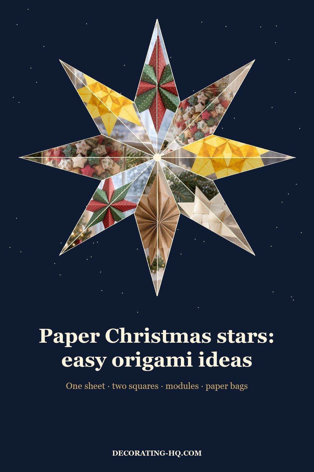 Pin of paper Christmas stars: 3D eight-point star, lucky stars, window star, Froebel star and paper-bag star