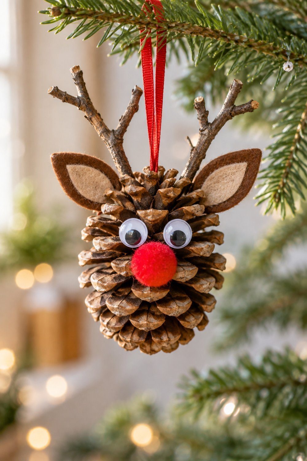 A brown pinecone reindeer with red pom-pom nose, googly eyes, felt ears and twig antlers
