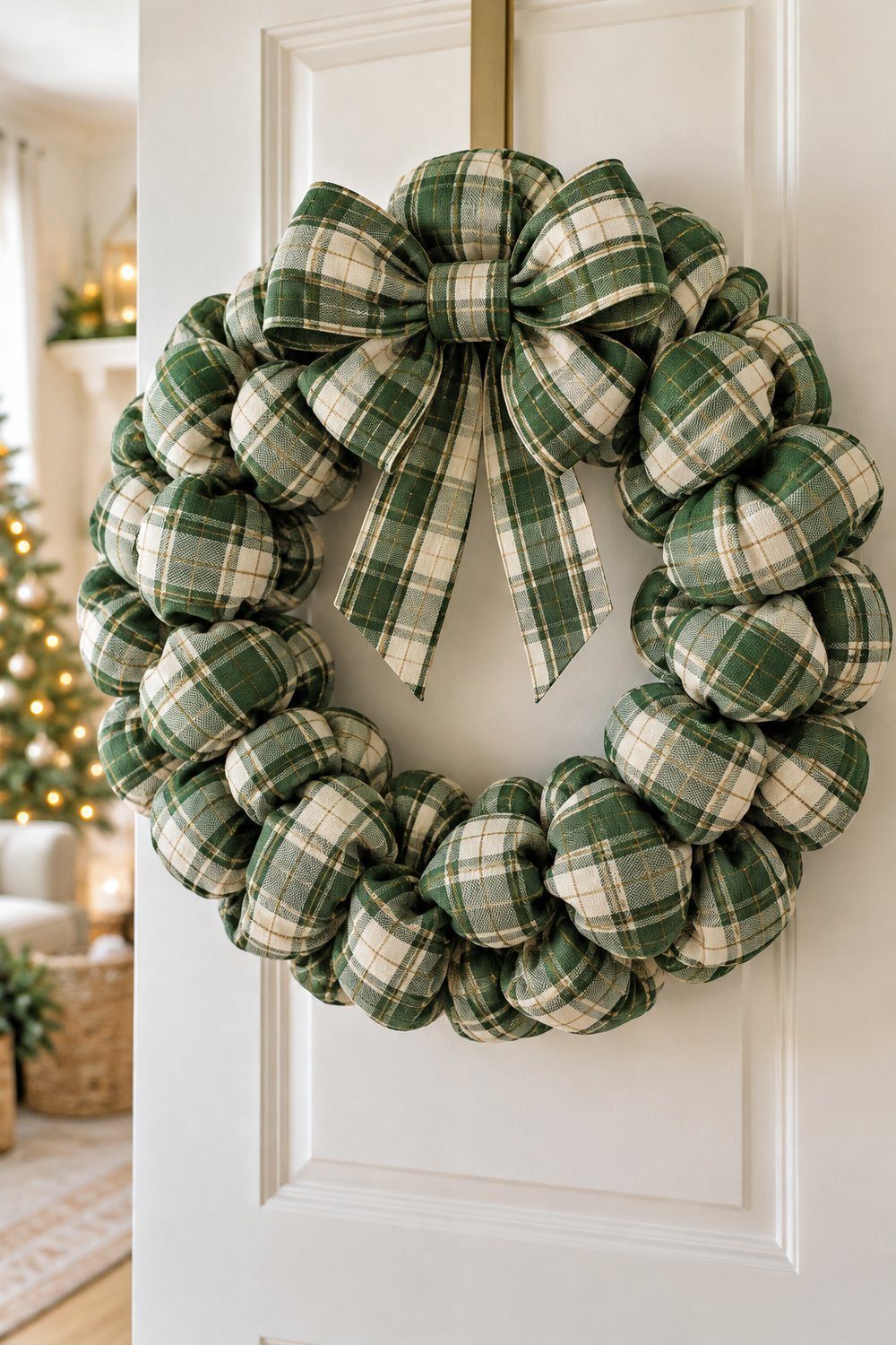 A full green and cream plaid ribbon bubble wreath with a matching bow hangs on