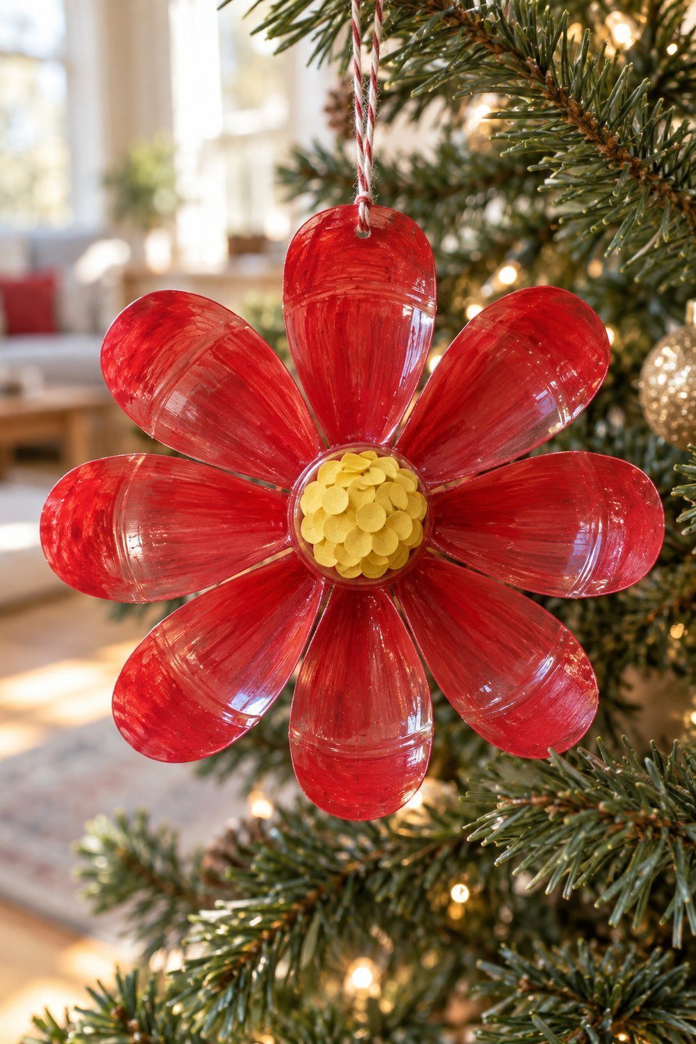 Christmas decorations made from plastic bottles Red plastic bottle poinsettia with yellow paper center hanging on tree