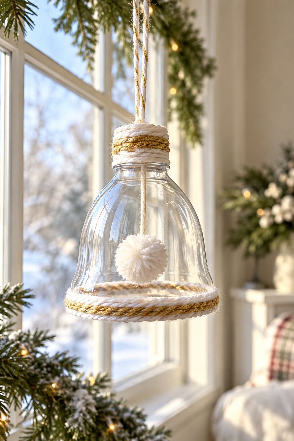 Christmas decorations made from plastic bottles Clear winter-hat-shaped bottle-top window ornament with white pom-pom and gold yarn trim