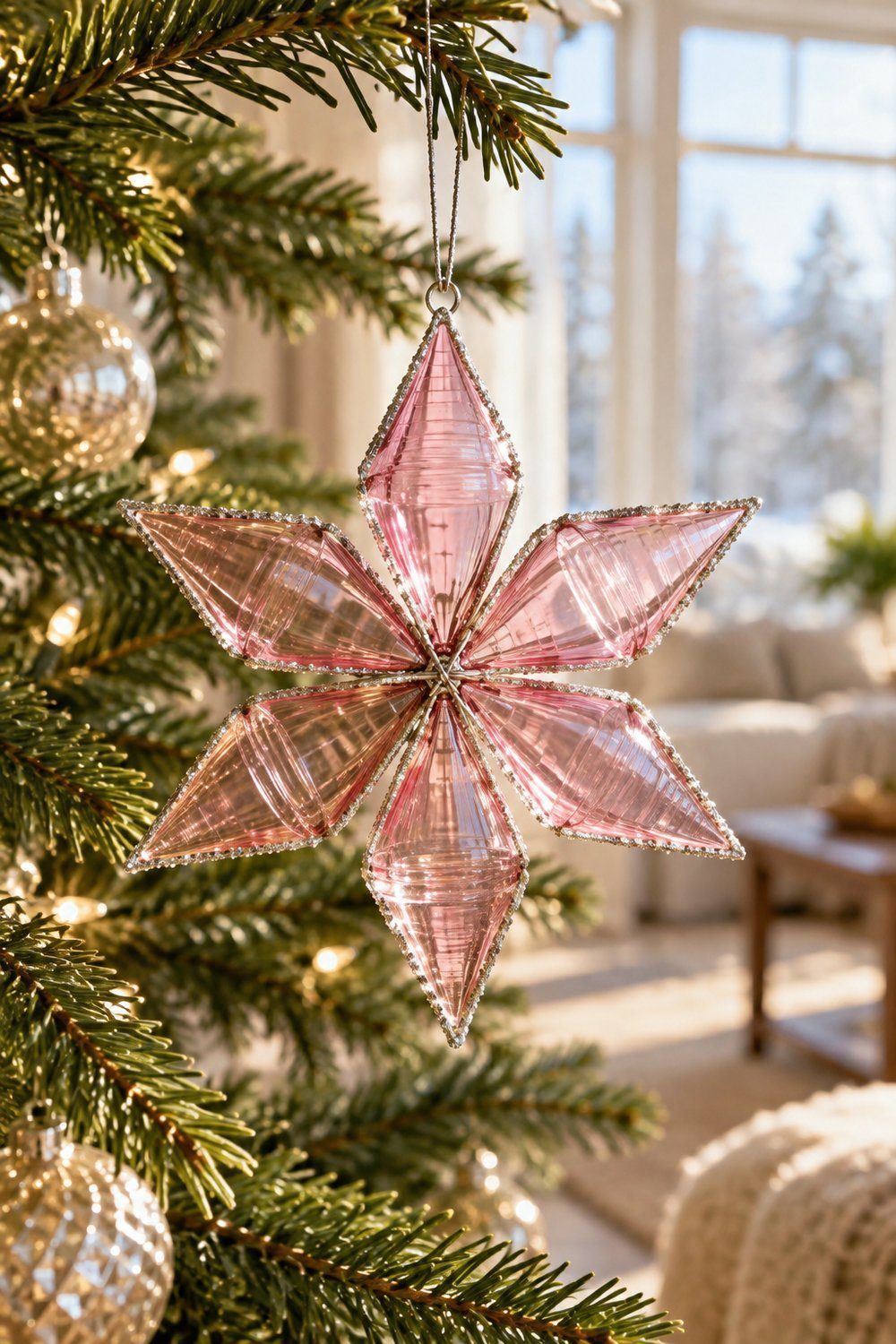 Christmas decorations made from plastic bottles Pink plastic bottle strips folded into a diamond-point Christmas star