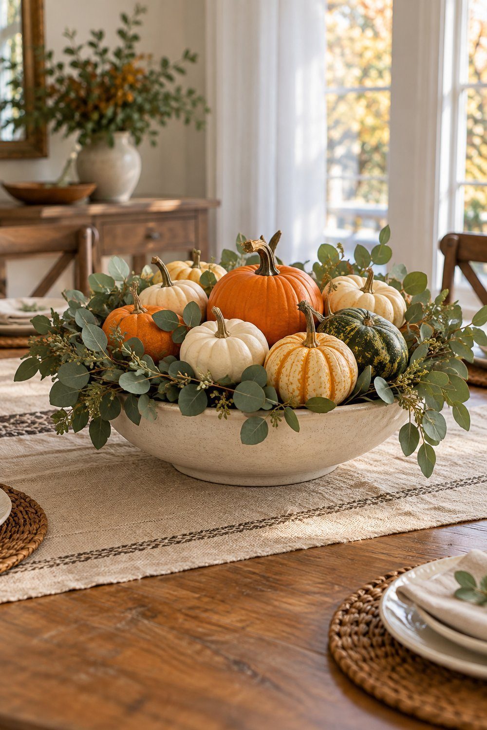 Whole mini pumpkins nestled in a eucalyptus wreath inside a pottery bowl