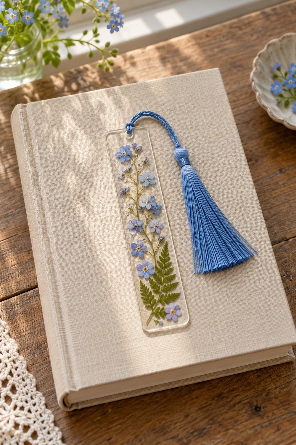 Clear acrylic bookmark decorated with pressed flowers and a matching blue tassel