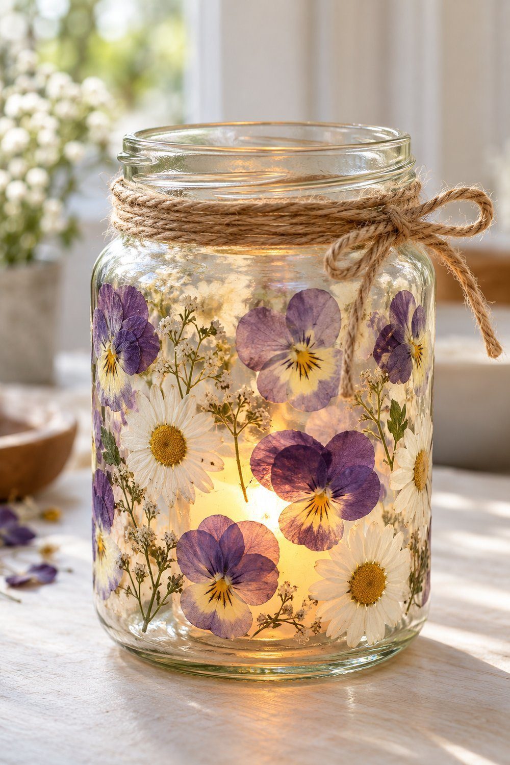 Glass jar lantern decorated with pressed violas and daisies around an LED votive