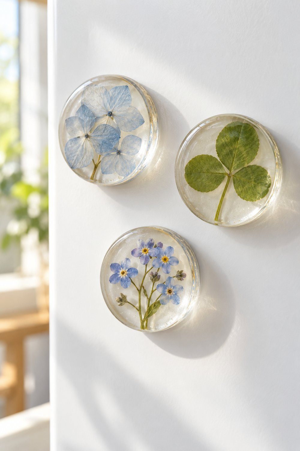 Small resin magnets preserving pressed hydrangea, clover, and delicate blue forget-me-nots