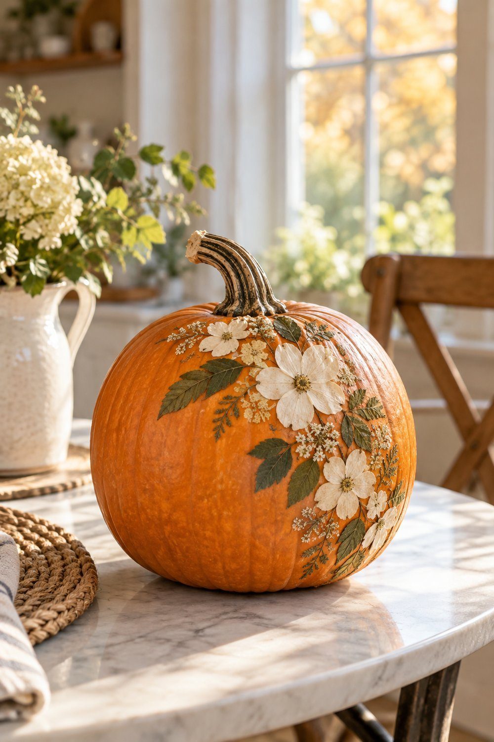 Whole orange pumpkin decorated with pressed flowers on a small bistro table
