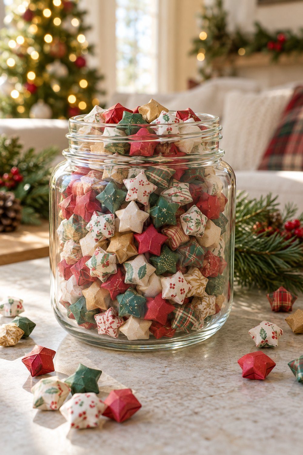 Tiny puffy paper lucky stars displayed in a clear glass jar