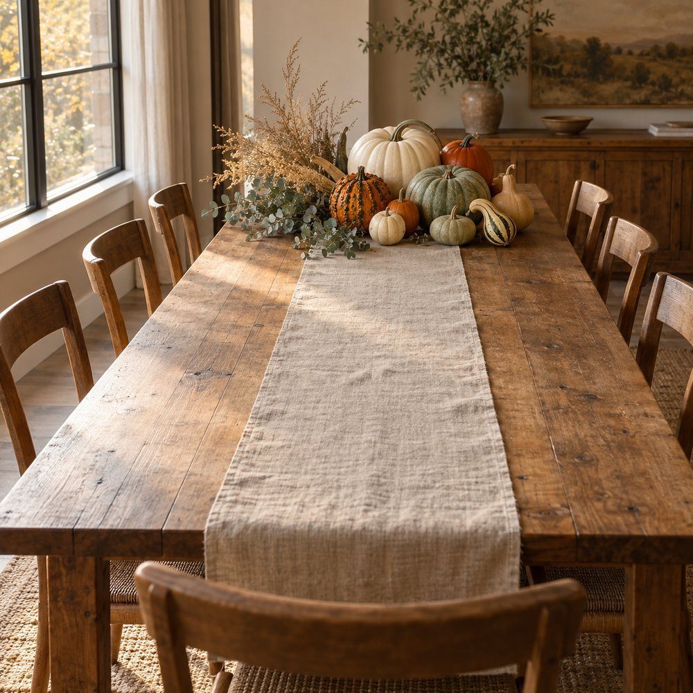 Bare long wooden table with linen runner and whole pumpkins gathered at one end