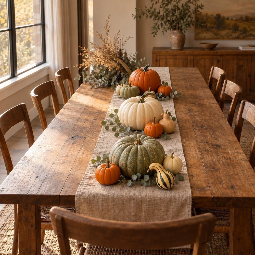 Largest whole pumpkins spaced along linen runner with smaller pumpkins filling gaps