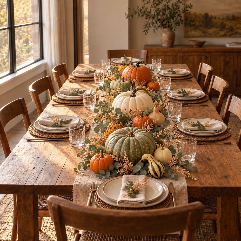 Finished whole pumpkin and gourd runner with foliage and dried grasses set for dinner